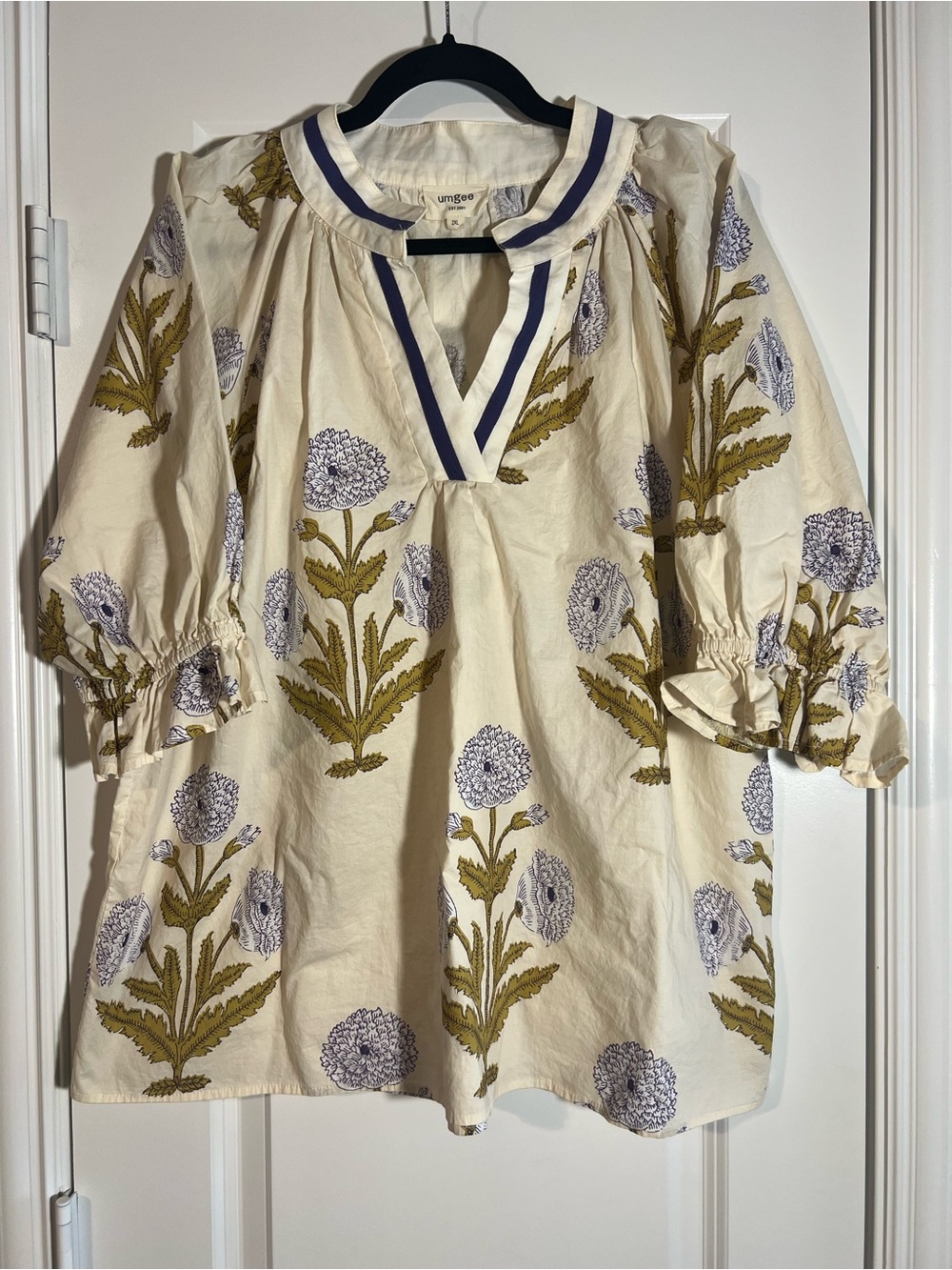 Umgee Cream Floral Blouse with Perwinkle Trim